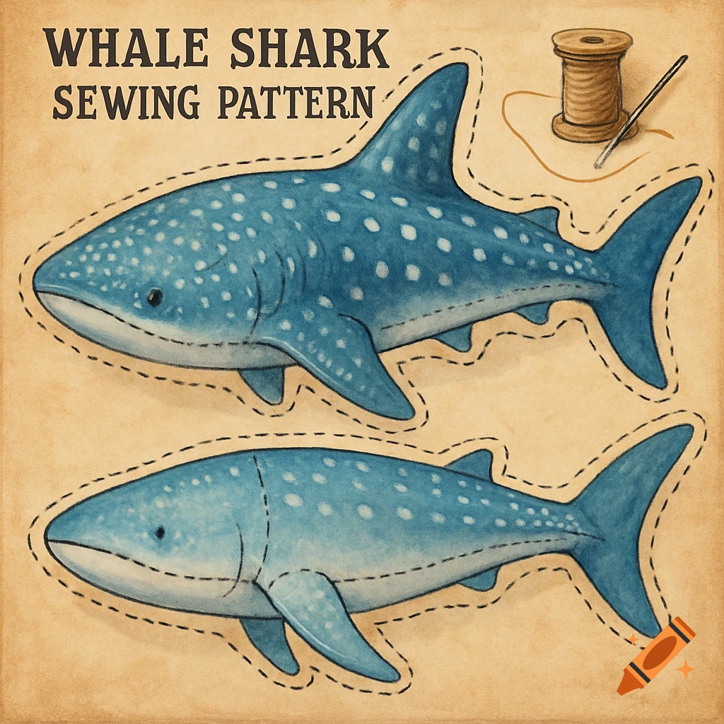 An illustration of two blue whale shark sewing patterns with dotted cutting lines, next to a spool of thread and needle.