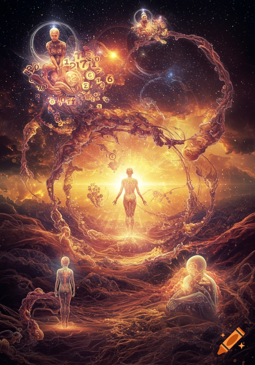 Surreal cosmic scene with glowing human-like figures, swirling energy, abstract forms, and floating numbers in a detailed, vibrant style.