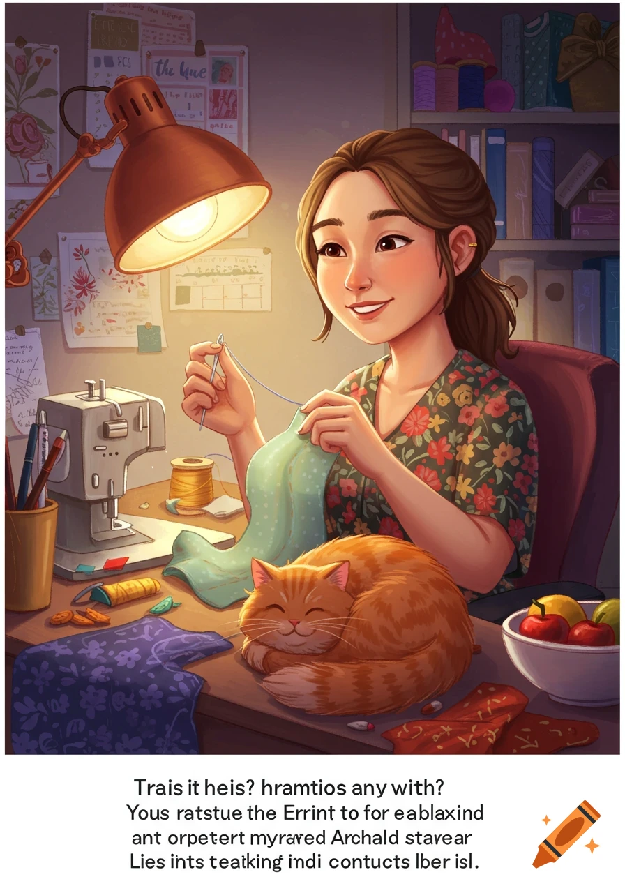 An illustrated image of a smiling woman sewing at a desk with an orange cat sleeping next to her under a warm lamp light.