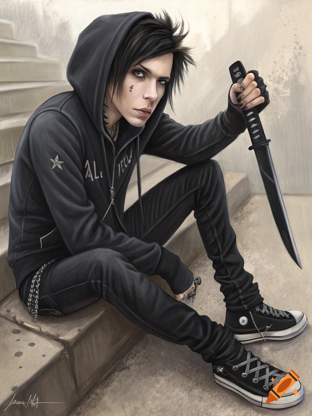A stylized portrait of a young man with dark, spiky hair and black makeup, wearing a black hoodie, jeans, and Converse sneakers, sitting on concrete stairs and holding a black knife.