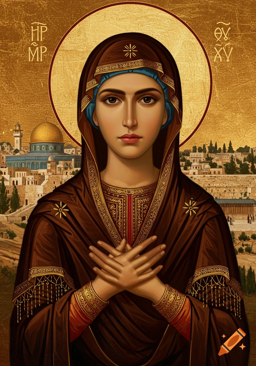A Byzantine-style icon depicting the Virgin Mary with crossed hands, wearing a brown robe and blue head covering, against a golden background and Jerusalem cityscape.