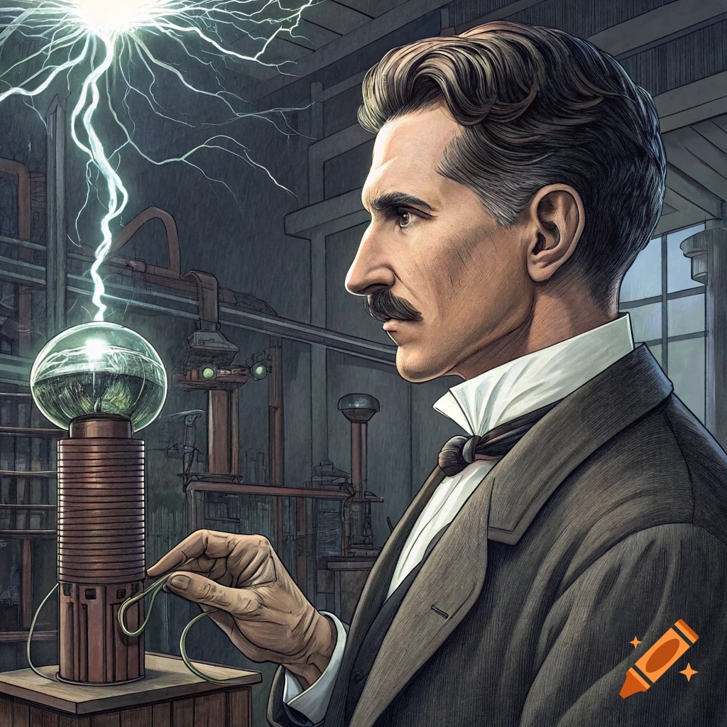 An illustration of Nikola Tesla in a lab, observing a Tesla coil emitting lightning.