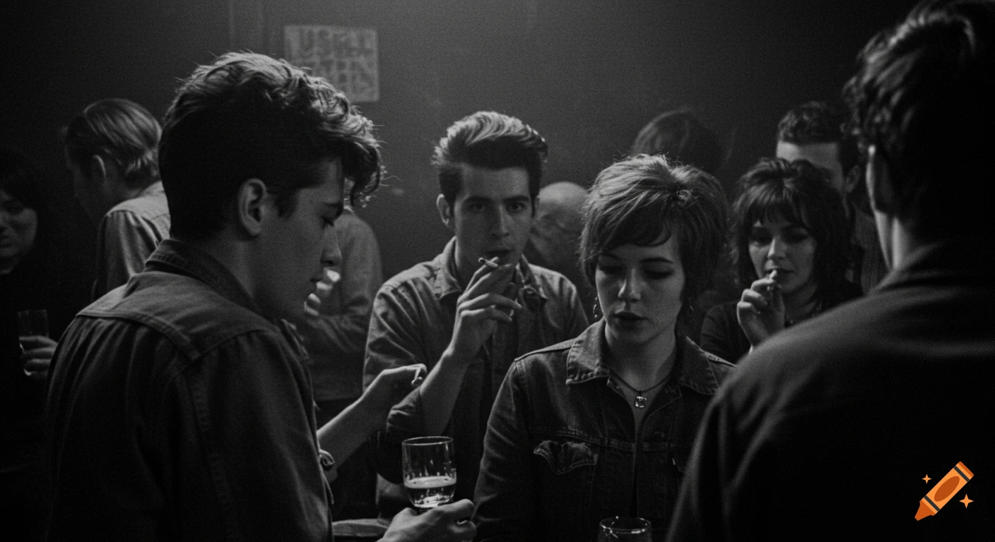 A group of young people in a smoky, dimly lit bar, captured in black and white film style.