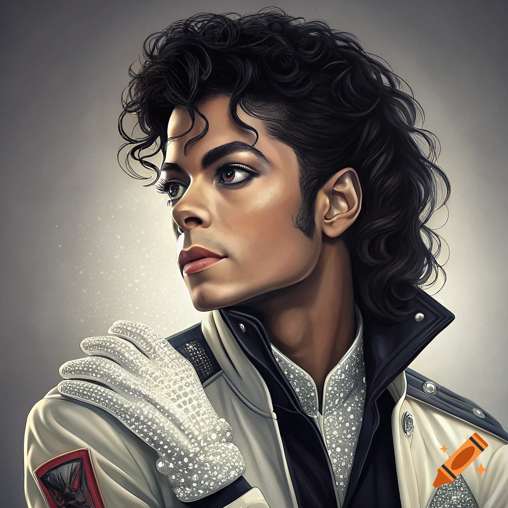 Stylized portrait of Michael Jackson wearing a sparkly white glove and a white military-style jacket.