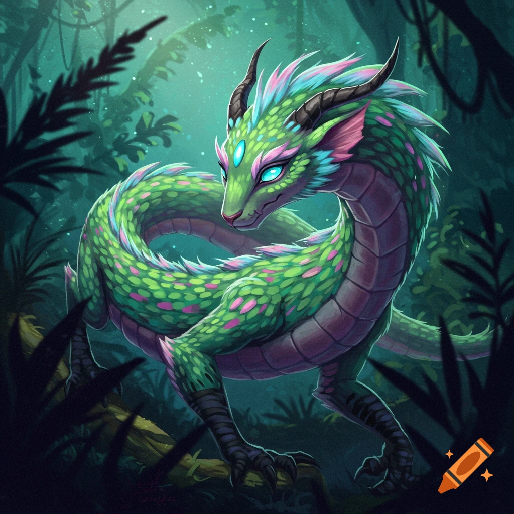 A vibrant green dragon with pink and blue scales and glowing blue eyes in a dark, lush jungle.