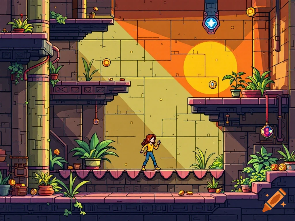 A vibrant 2D cartoon video game scene with a character on brick platforms, green plants, coins, and a sunset.