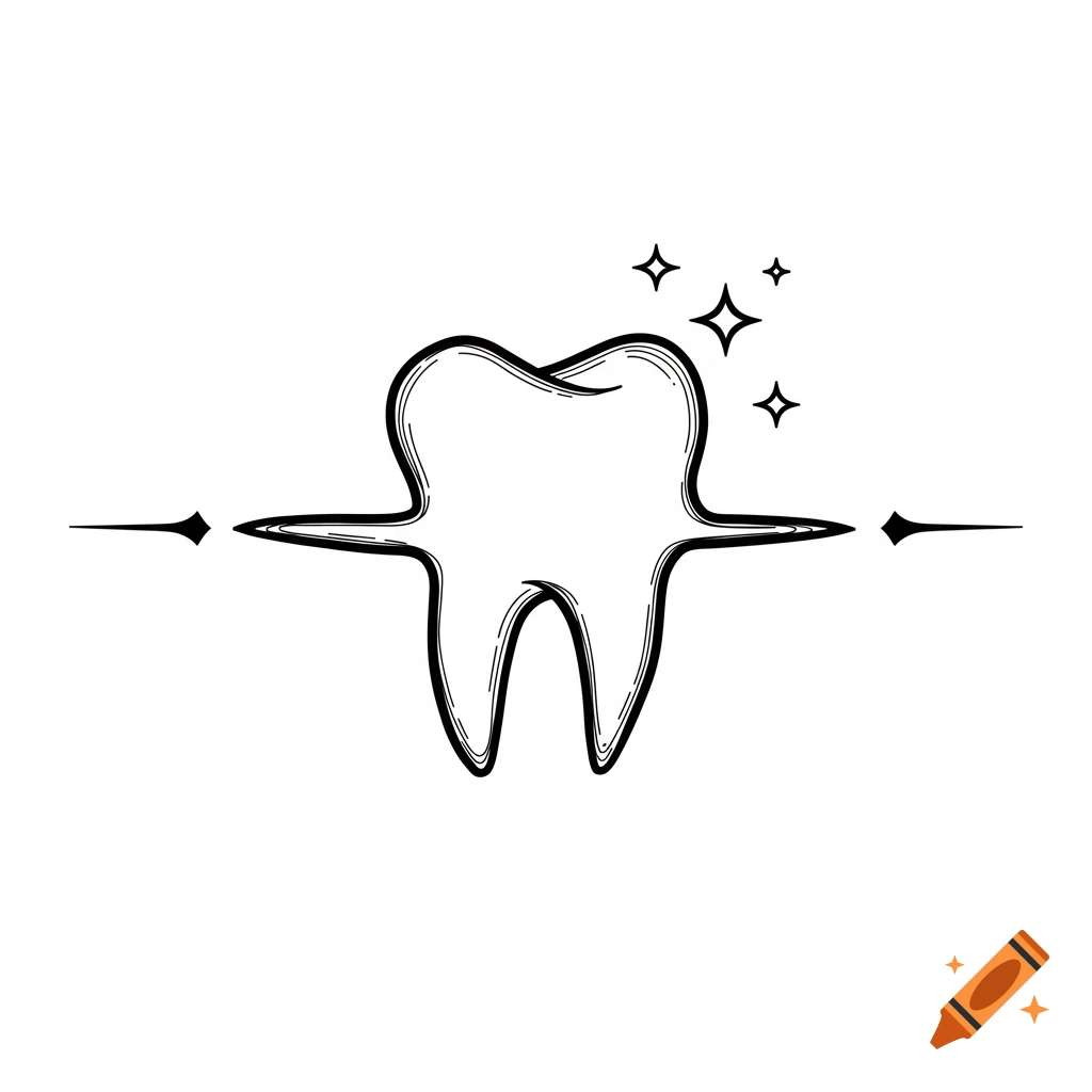 A black and white minimal line art drawing of a sparkling tooth with horizontal lines extending from its sides.