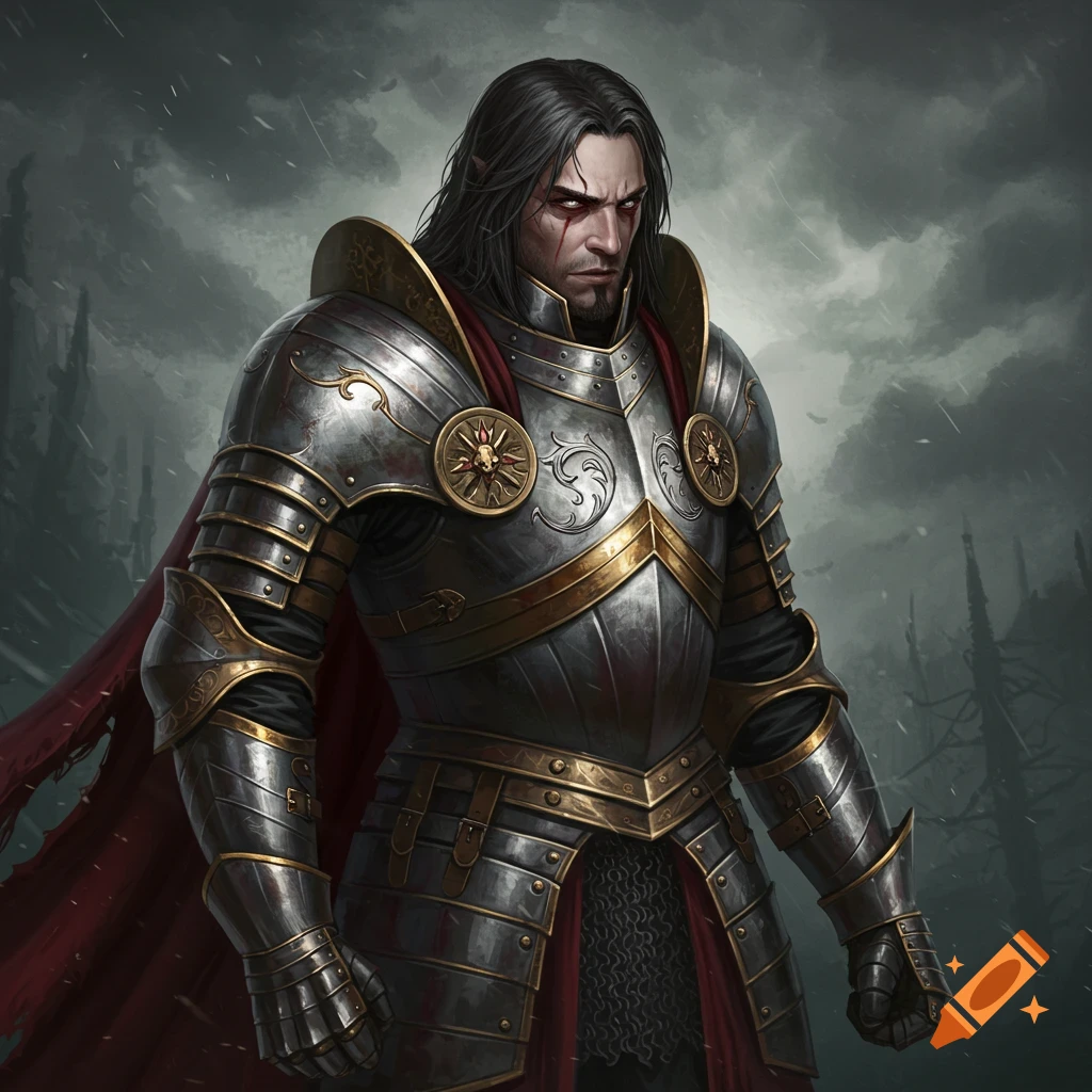 A dark-haired man with red eyes in ornate silver and gold armor and a red cape stands against a stormy, gothic background.