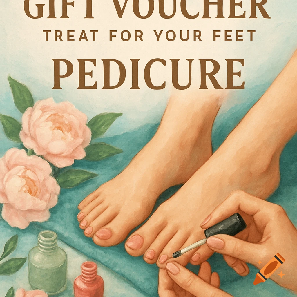 Vintage style illustration of feet getting a pedicure, with text 'GIFT VOUCHER TREAT FOR YOUR FEET PEDICURE', flowers, and nail polish bottles.