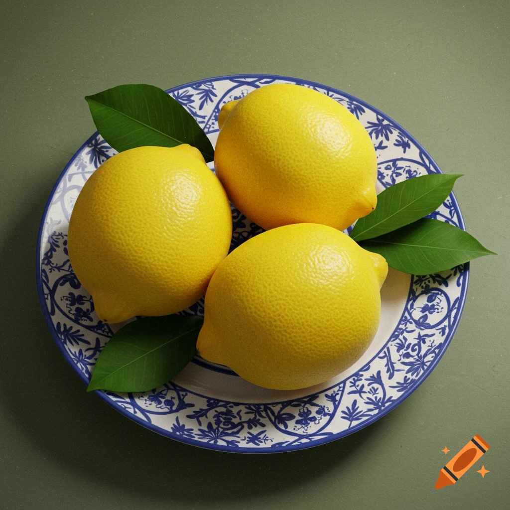 Three hyper-realistic lemons with green leaves on a blue and white decorative plate, set against a muted green background.