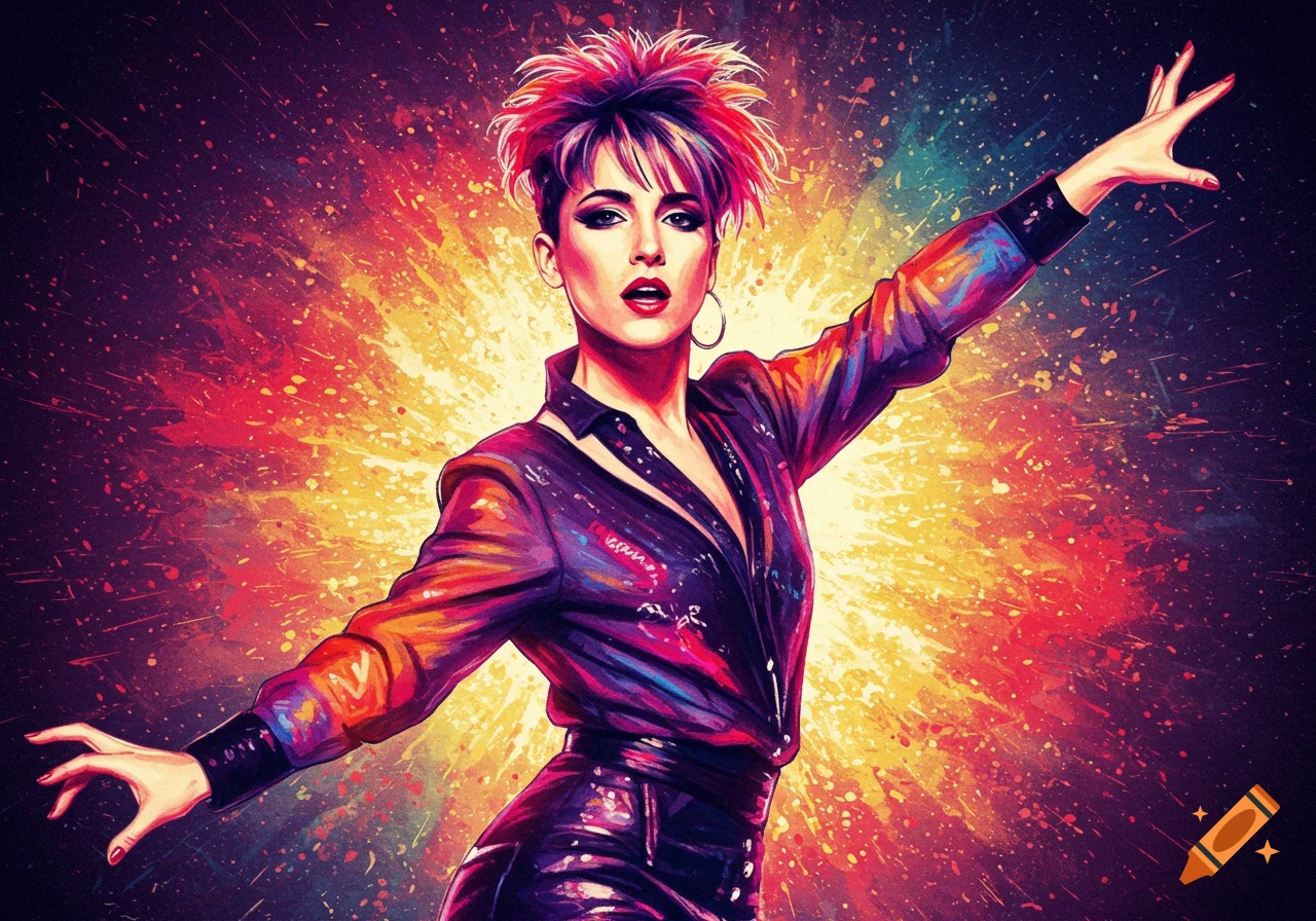 A vibrant pop art portrait of a woman with spiky colorful hair and dark clothing posing against an energetic, splattered background.