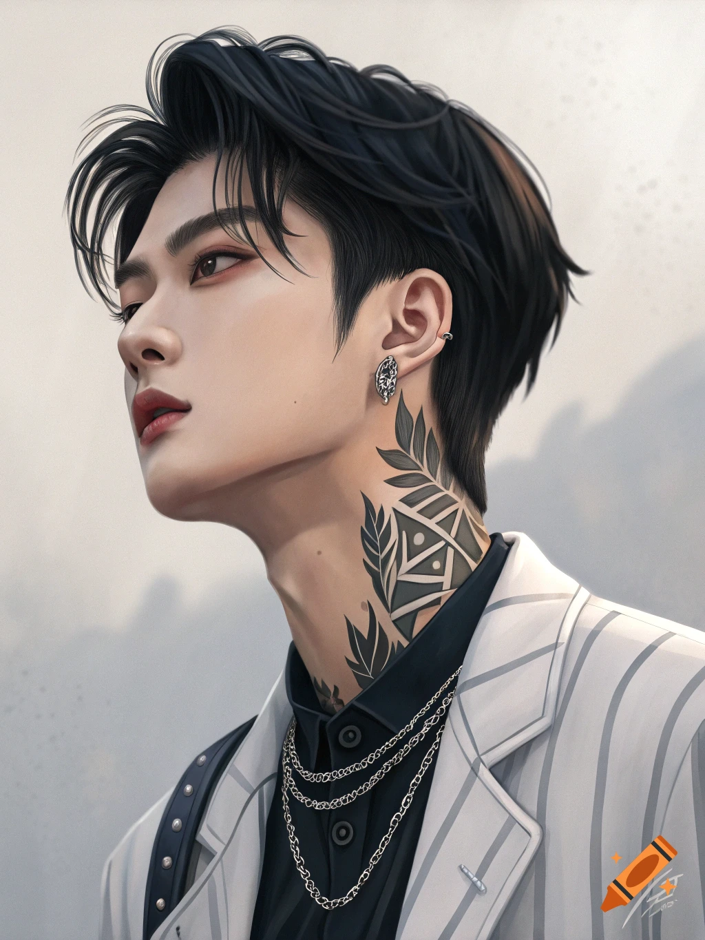 A portrait of a young man with dark hair, neck tattoos, an earring, and a striped blazer, looking to the left.