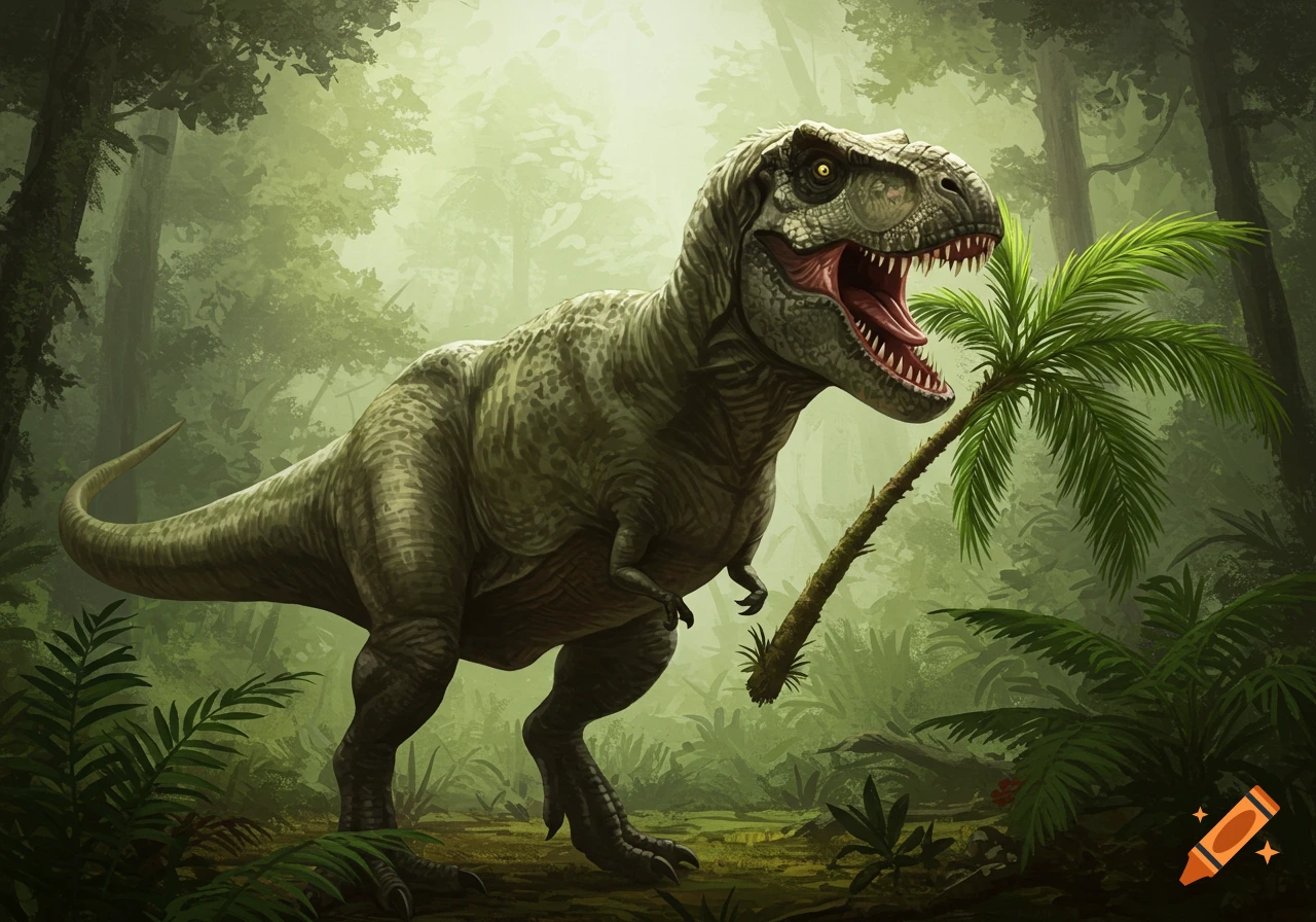 A large, detailed Tyrannosaurus Rex with its mouth open stands in a misty, lush green jungle next to a broken palm tree, illustration style.