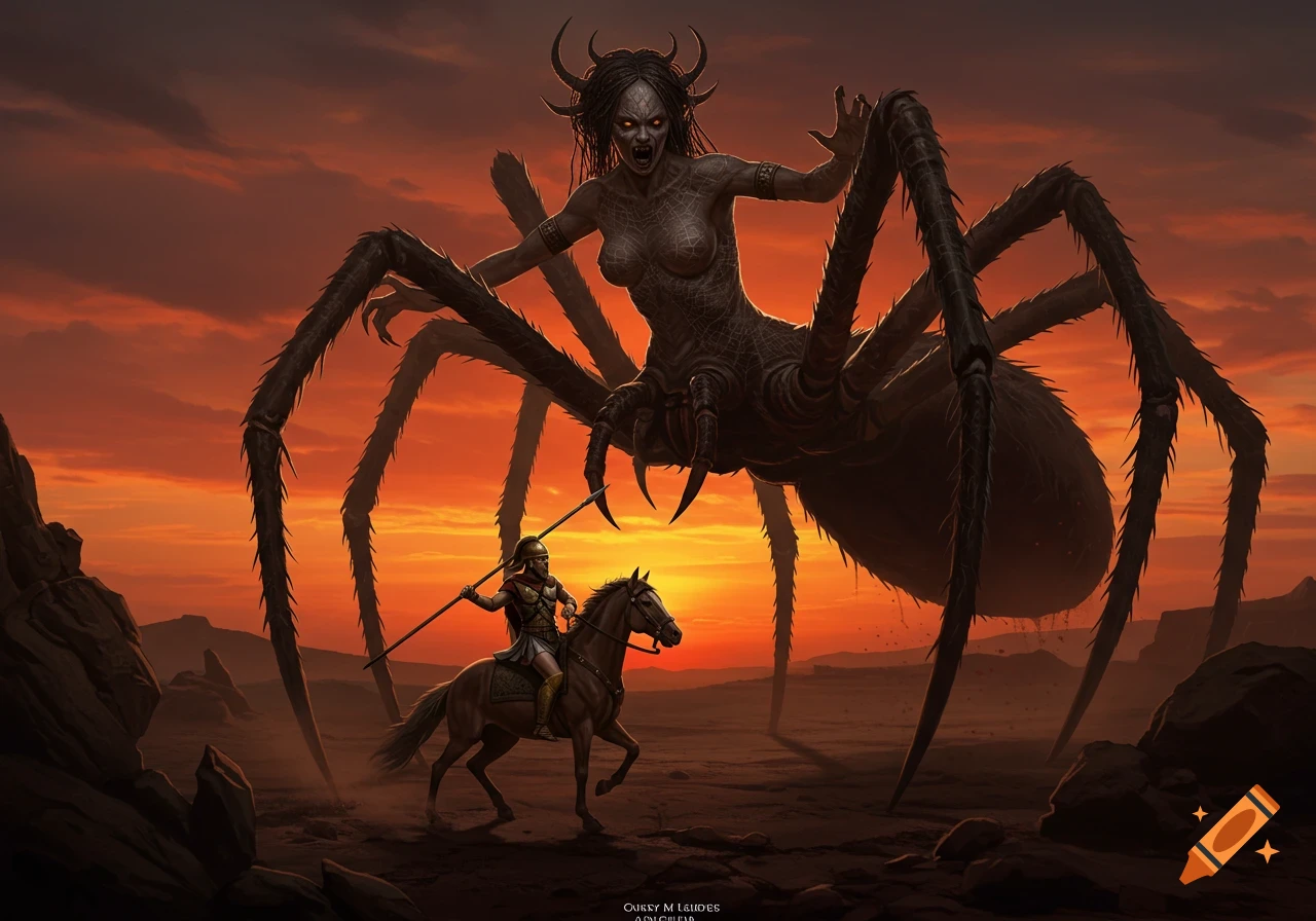 A mounted warrior with a spear faces a giant half-woman, half-spider monster at sunset in a barren landscape, in a fantasy art style.
