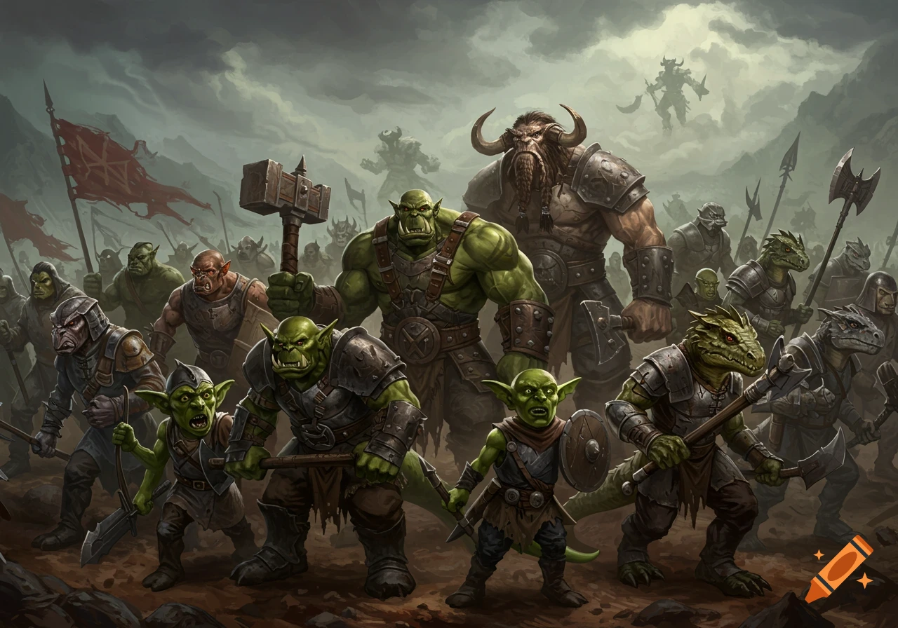 A large group of fantasy creatures, including orcs, goblins, a goliath, and lizardfolk, gather with weapons under a stormy sky.