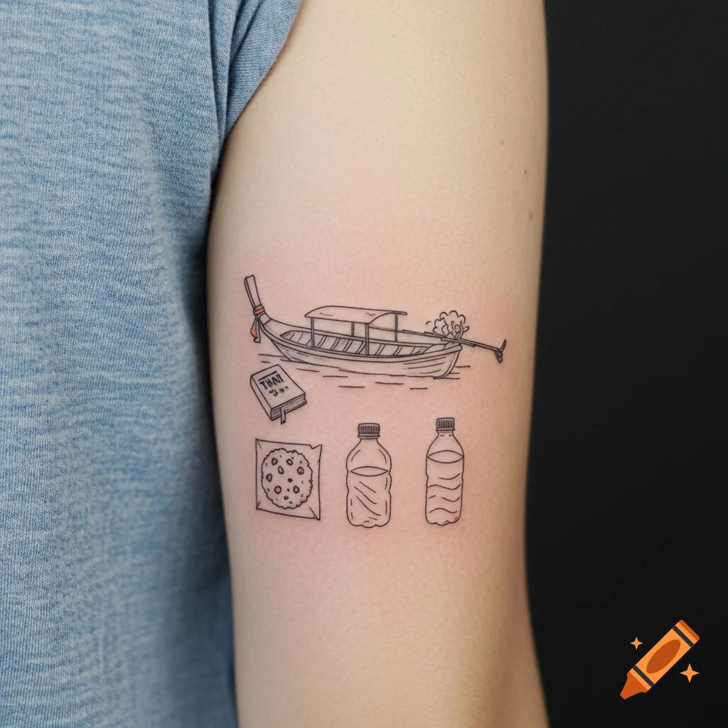 Fine line minimalistic black and white tattoo on an arm featuring a Thai long-tail boat, a book, a cookie, and two water bottles.