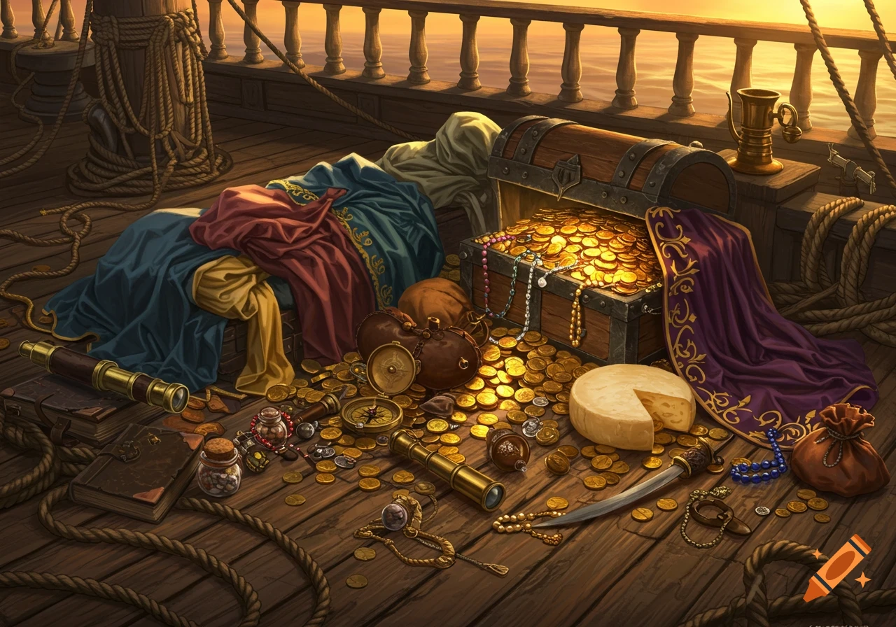 A pirate treasure haul on a ship deck, with an open chest of gold coins, jewelry, clothes, books, and various artifacts at sunset.