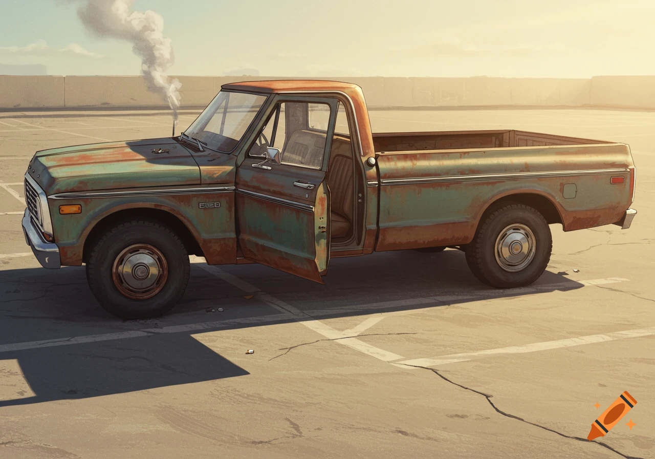 A rusty, vintage green pickup truck with an open door parked in a lot, emitting smoke from its exhaust pipe.