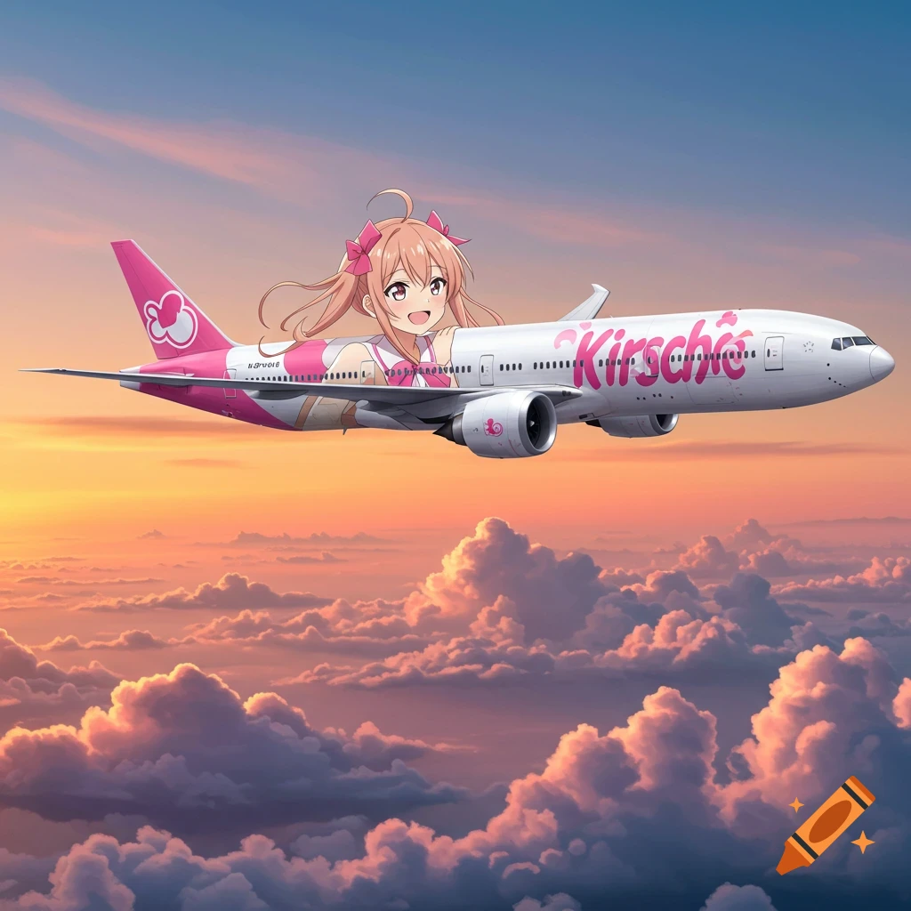 A stylized pink and white Boeing 777 airplane featuring a large anime girl character integrated into its fuselage, flying over clouds at sunset.