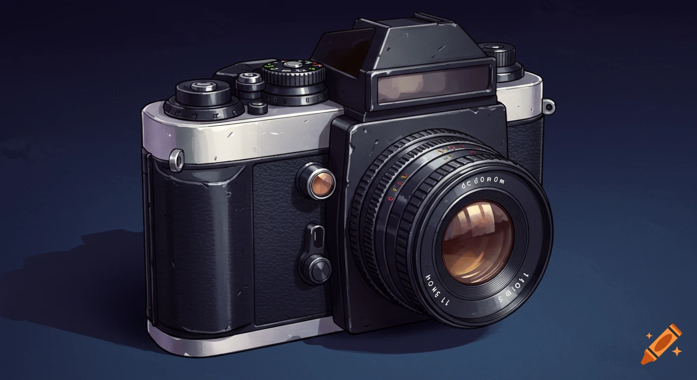 Cartoon illustration of an old film camera with a black body and silver accents, on a dark blue background.