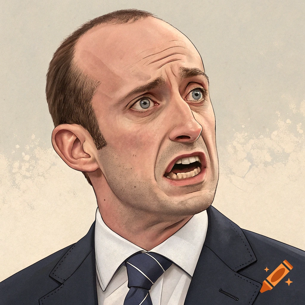 Illustrated caricature portrait of a man with wide eyes and an open mouth, looking distressed, wearing a suit and tie.