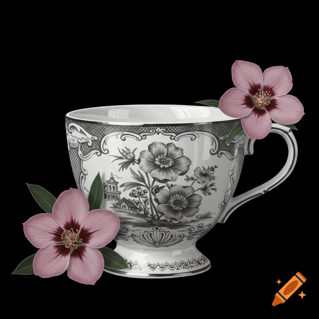 A detailed black and white teacup with intricate floral and landscape designs, flanked by two vibrant pink hibiscus flowers, on a black background.