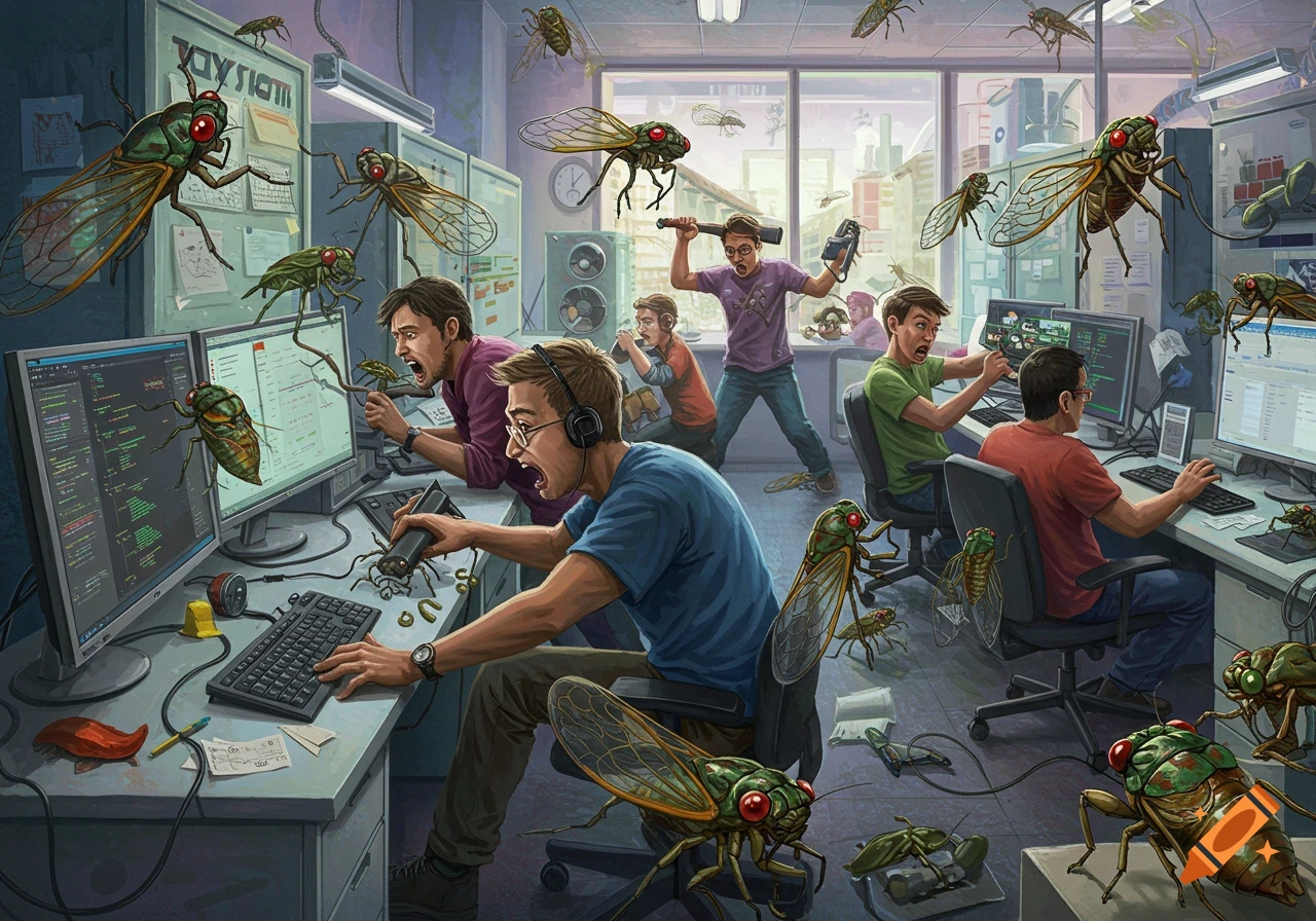 An illustration of a chaotic office scene where programmers are frantically fighting off giant cicadas.