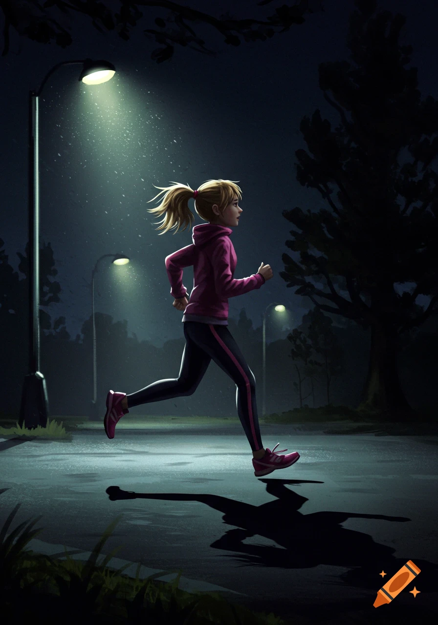 A cartoon-style image of a girl with dirty blonde hair in a ponytail, jogging at night under the light of a streetlamp.