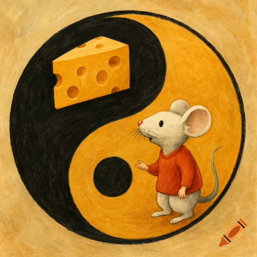 Cartoon illustration of a white mouse and a wedge of cheese within a black and yellow yin-yang symbol.