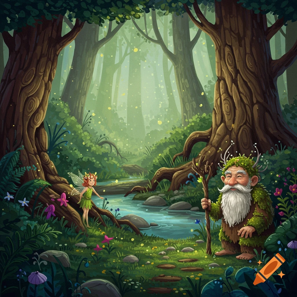Whimsical illustration of a fairy and a mossy gnome-like man by a stream in an enchanted forest with glowing lights.