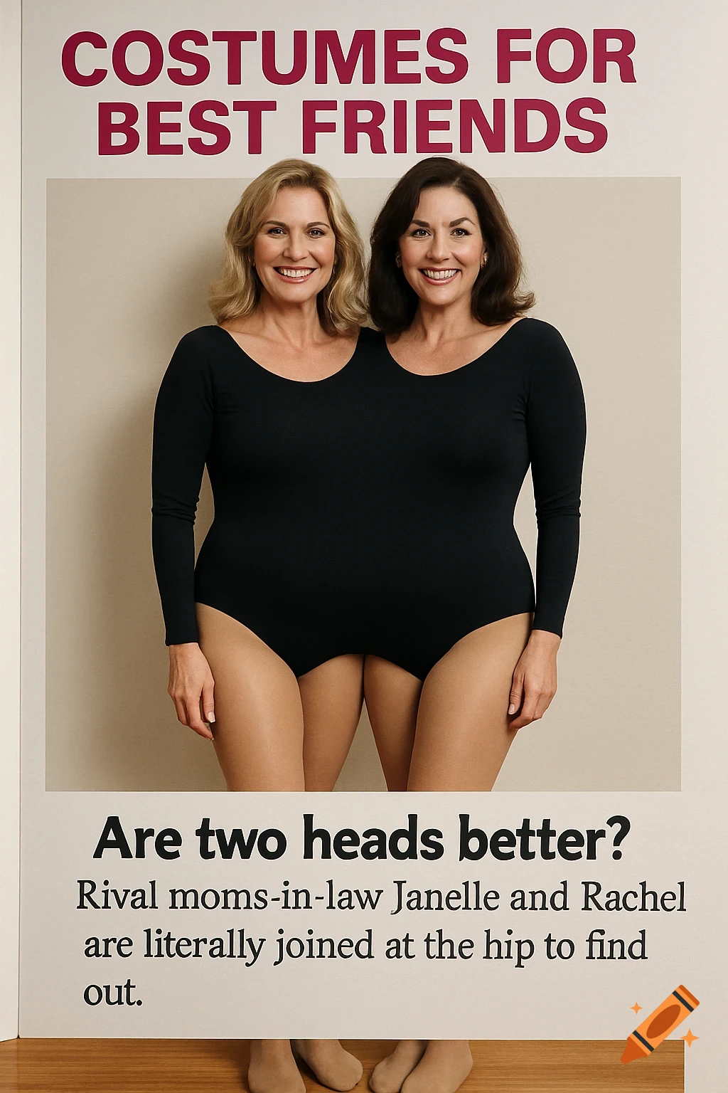 Two women in a black leotard and tights, conjoined at the hip, smiling for a magazine article titled 'Costumes for Best Friends'.