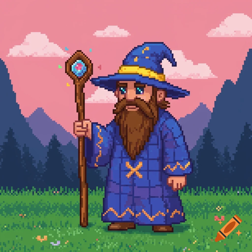 A pixelated wizard with a long brown beard and a blue robe holding a magical staff in a grassy field with mountains under a pink sky.