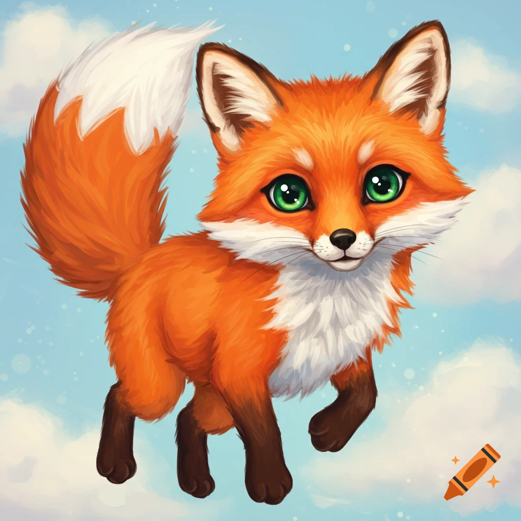 A cute, orange cartoon fox with green eyes stands on white clouds against a blue sky.