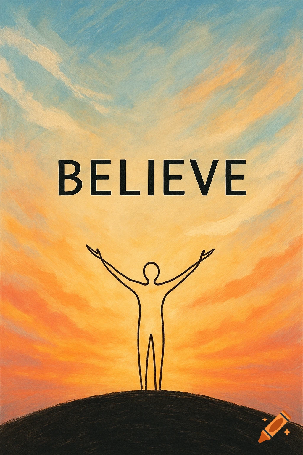 A minimalist illustration of a silhouetted person with arms raised on a hill against a vibrant orange and blue sky, with the word 'BELIEVE' centered above them.