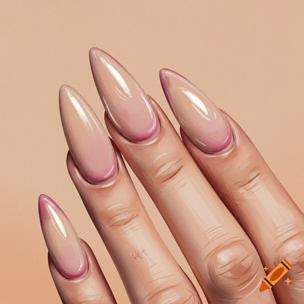 Close-up of a hand with long, sharp almond-shaped nails, painted in pink and nude tones, in an illustrative style.
