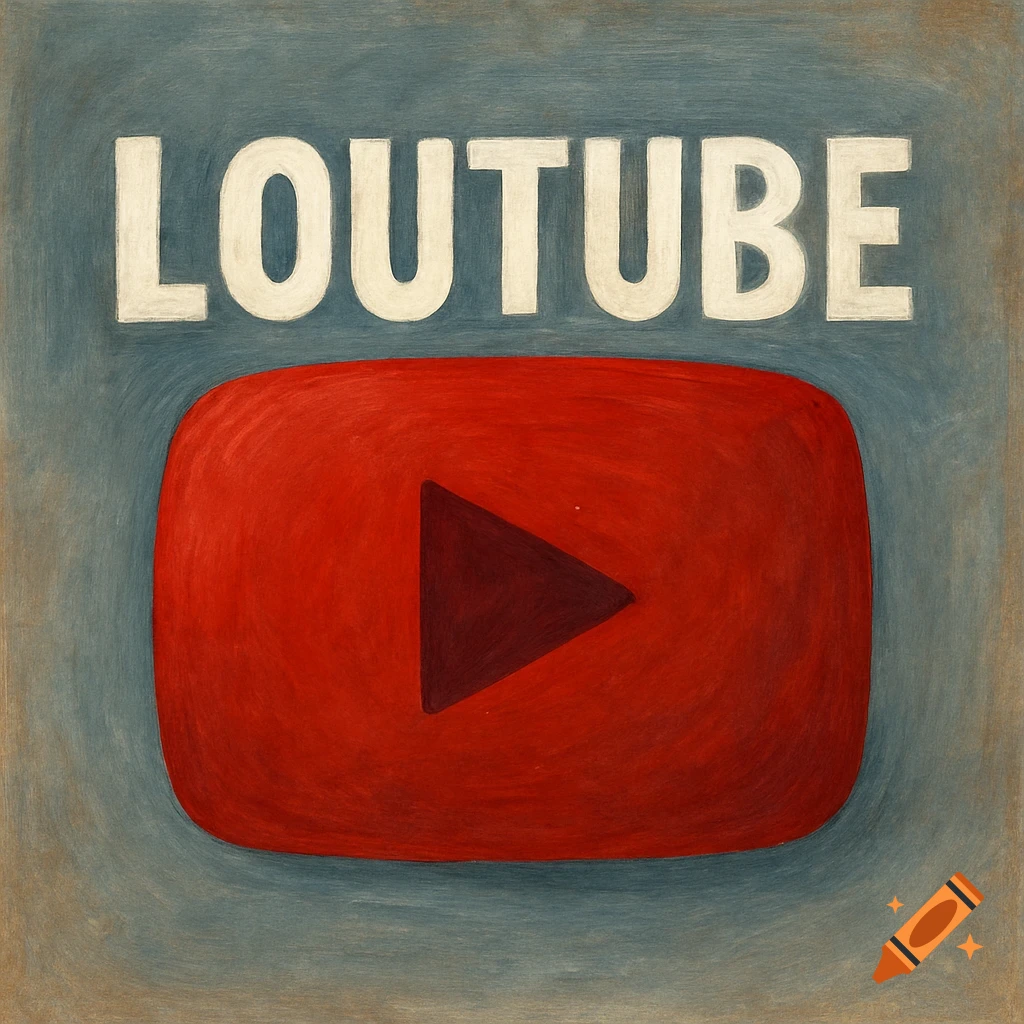A painterly image of a red play button logo with 'LOUTUBE' written above it on a textured blue background.