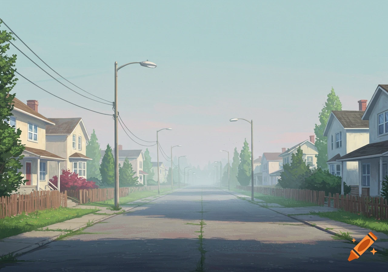 An illustrated view of a suburban street with houses and streetlights fading into the distance under a hazy sky.