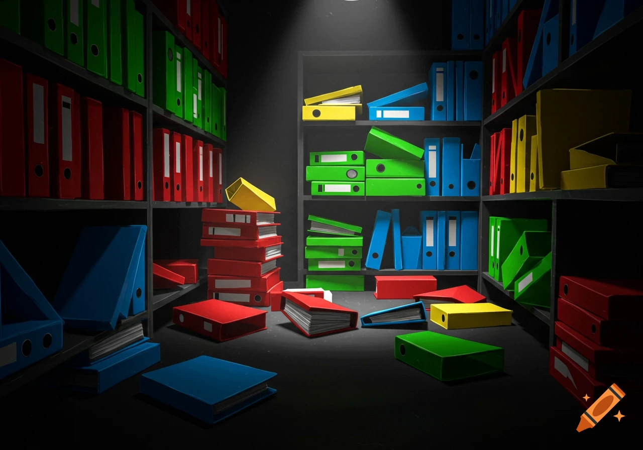 A dark room with shelves filled and strewn with red, green, blue, and yellow file folders.