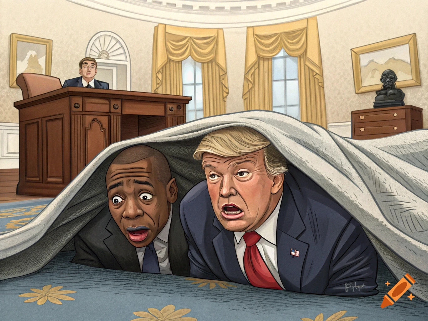 Cartoon of Donald Trump and a Black man hiding under a blanket in the Oval Office, looking scared. Another man is at a desk.