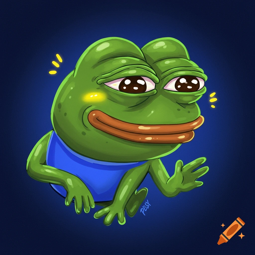 Illustration of Pepe the Frog wearing a blue shirt, smiling with rosy cheeks, and waving on a dark blue background.