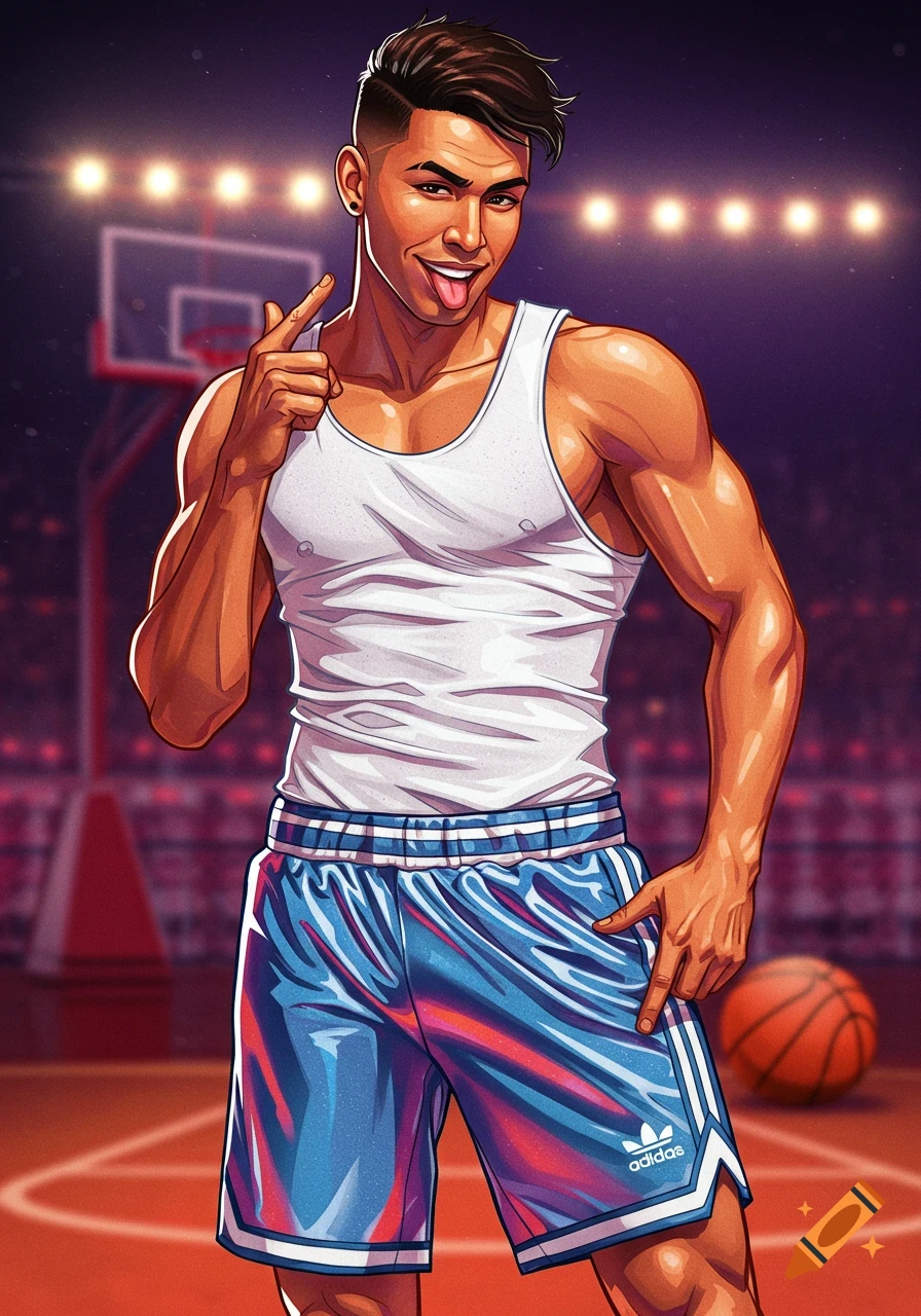 Cartoon illustration of a muscular man in a white tank top and blue Adidas basketball shorts on a court, sticking out his tongue.