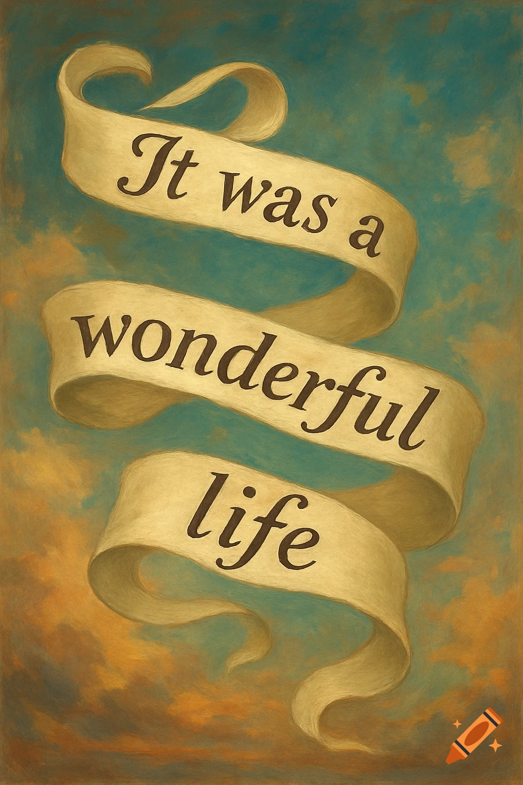 A beige ribbon displaying "It was a wonderful life" against a painterly blue and orange background.