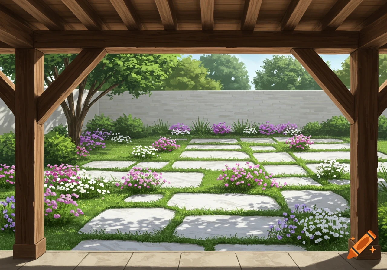 A view of a garden with white stepping stones and pink and white flowers from under a wooden pergola. Trees and a stone wall are in the background.