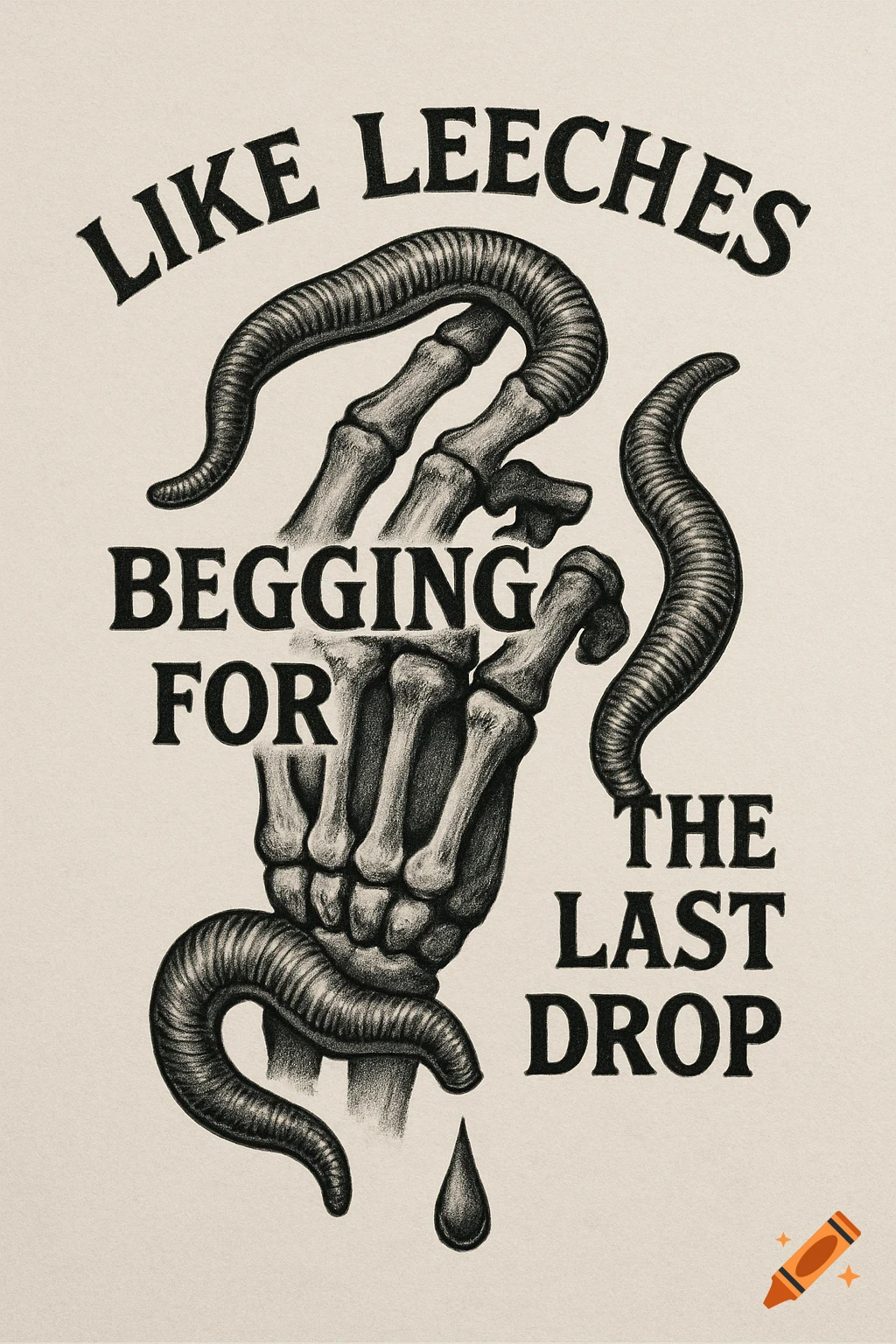 Black and white illustration of a skeleton hand wrapped in leeches, with a blood drop, and text 'LIKE LEECHES BEGGING FOR THE LAST DROP'.
