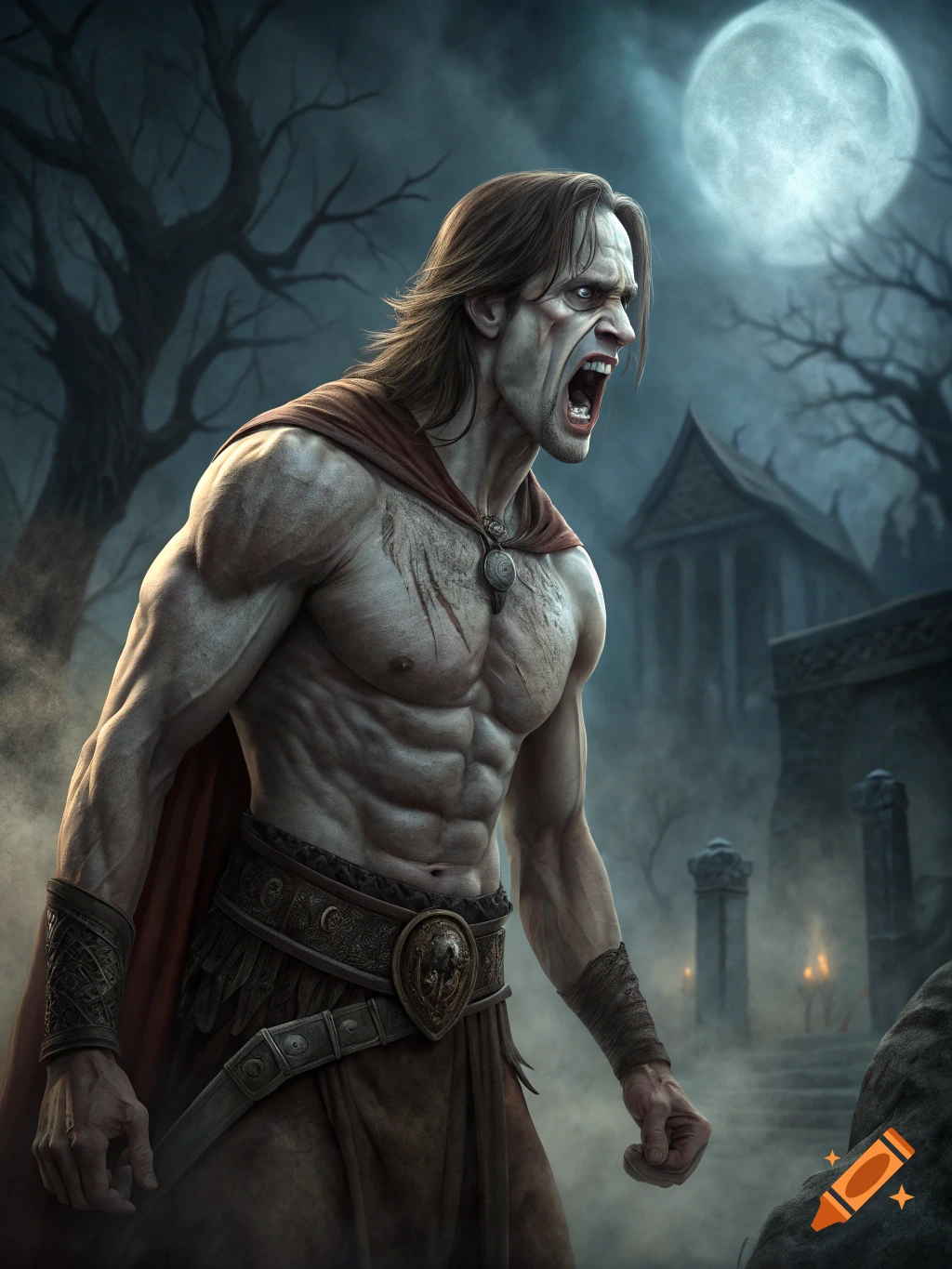 A pale, muscular man with long hair and a red cape yells under a full moon in a dark, misty landscape with ominous trees and ruins.