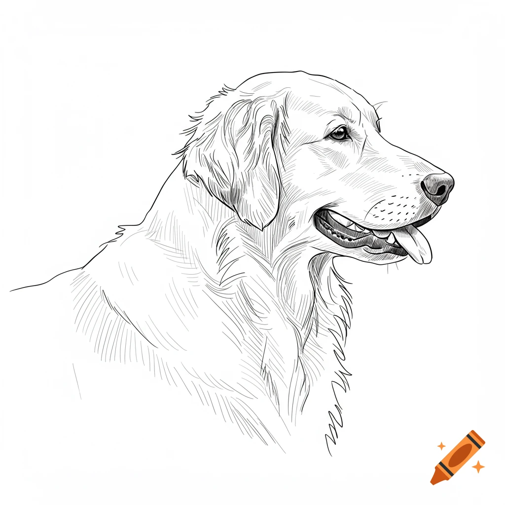Line art sketch of a golden retriever dog head, looking right with mouth open.