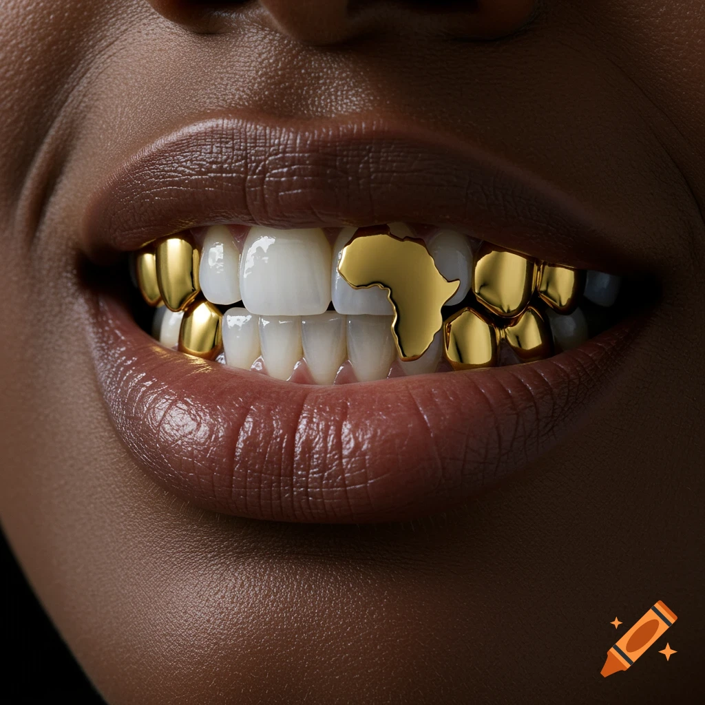 Close-up of a dark-skinned woman's mouth, softly smiling, with white teeth and gold grills, one shaped like the African continent.