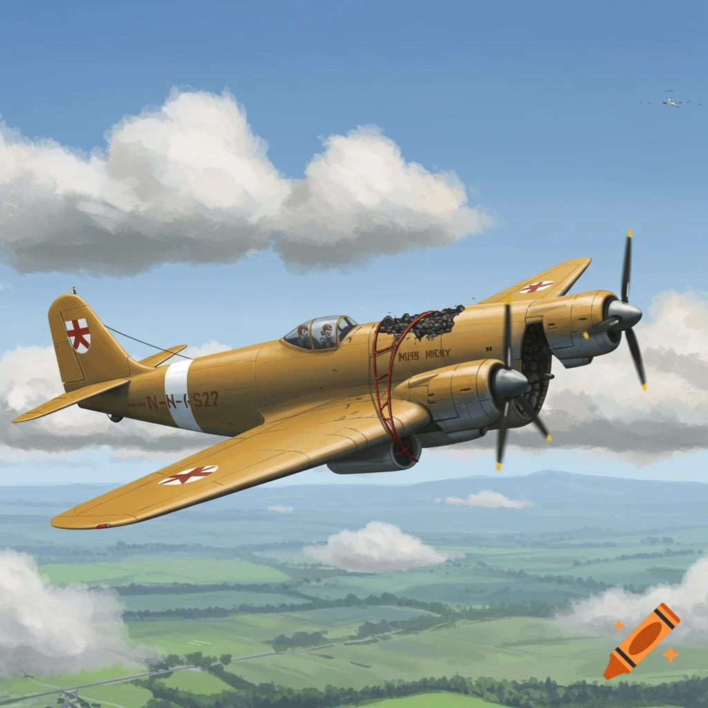 A vintage-style tan airplane with twin propellers flies through a blue sky with white clouds over a green landscape. The plane has 'MISS MERY' written on its side and a cross symbol on its tail. One section of the fuselage appears open with dark debris spilling out.