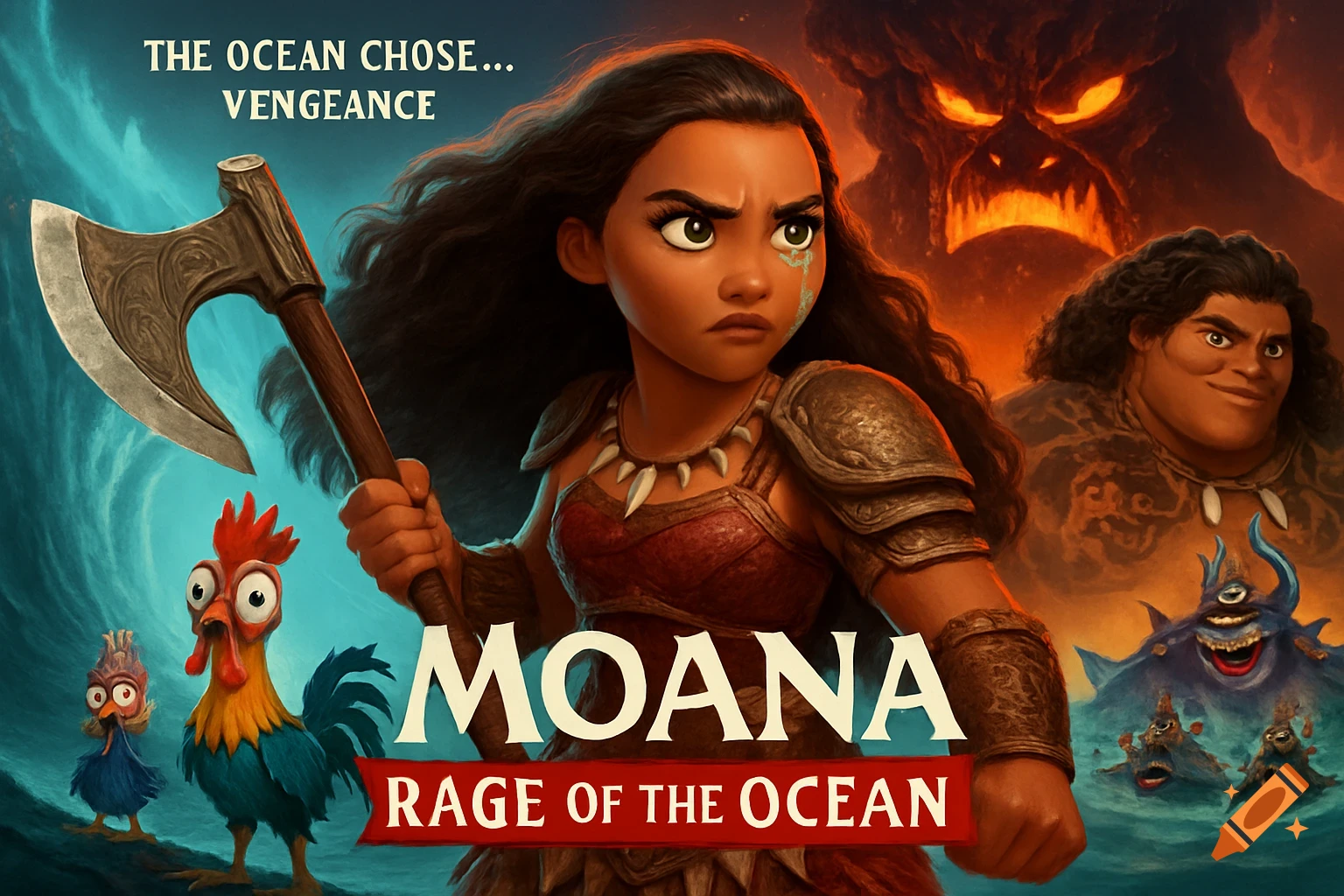 Animated movie poster of Moana in battle armor with an axe, looking fierce, with Maui, Heihei, and Te Kā in a fiery, volcanic background. Text reads "MOANA: RAGE OF THE OCEAN".