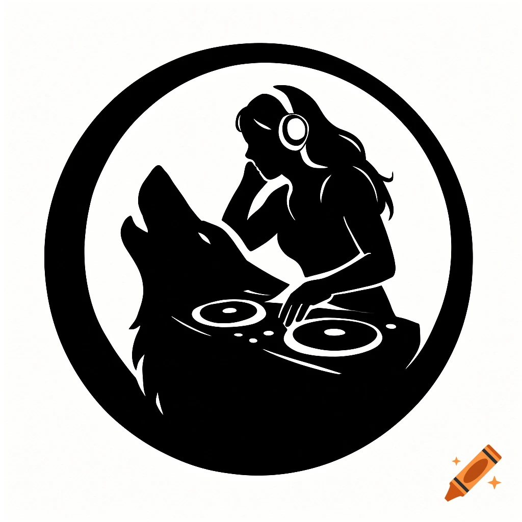 Black and white silhouette logo featuring a female DJ with headphones next  to a howling wolf, all within a circular frame. on Craiyon, image size:1024x1024